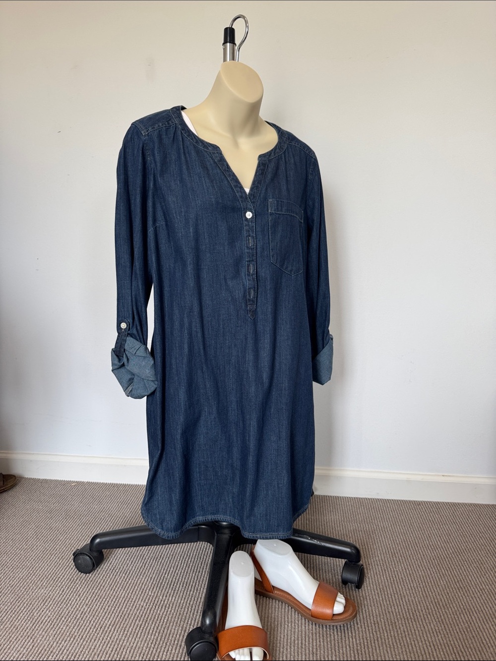 Express Dark Blue Denim Midi Shirt Dress
